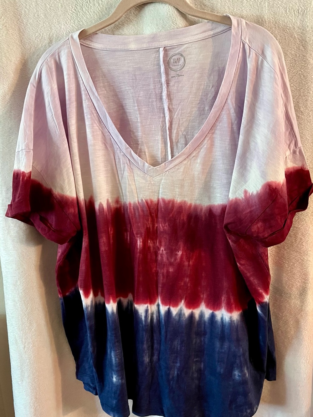 24/7 Comfort Apparel V-Neck Tie-Dye Short Sleeve Top - Pink, Red & Blue